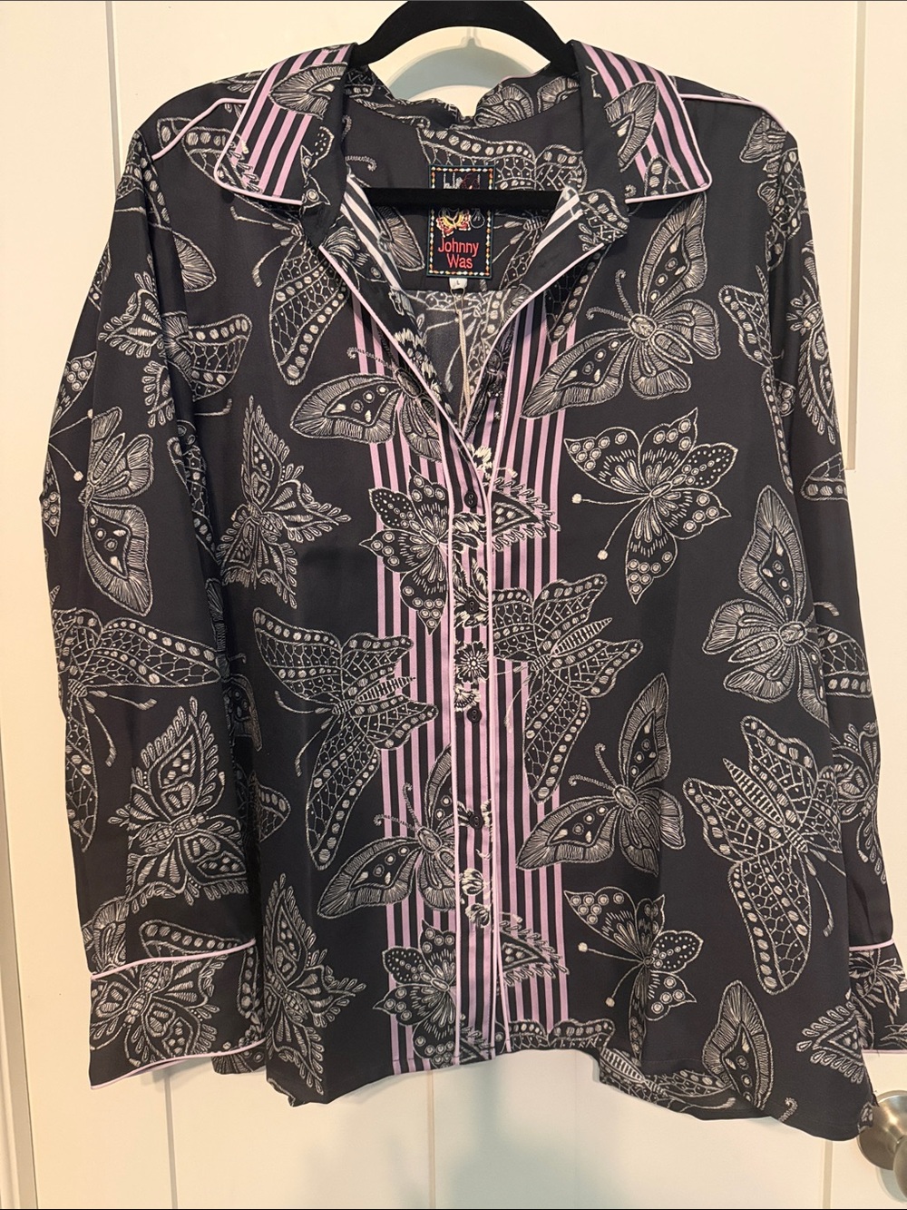 Johnny Was 100% Silk Black Top with White Butterfly & Purple Stripe Accents